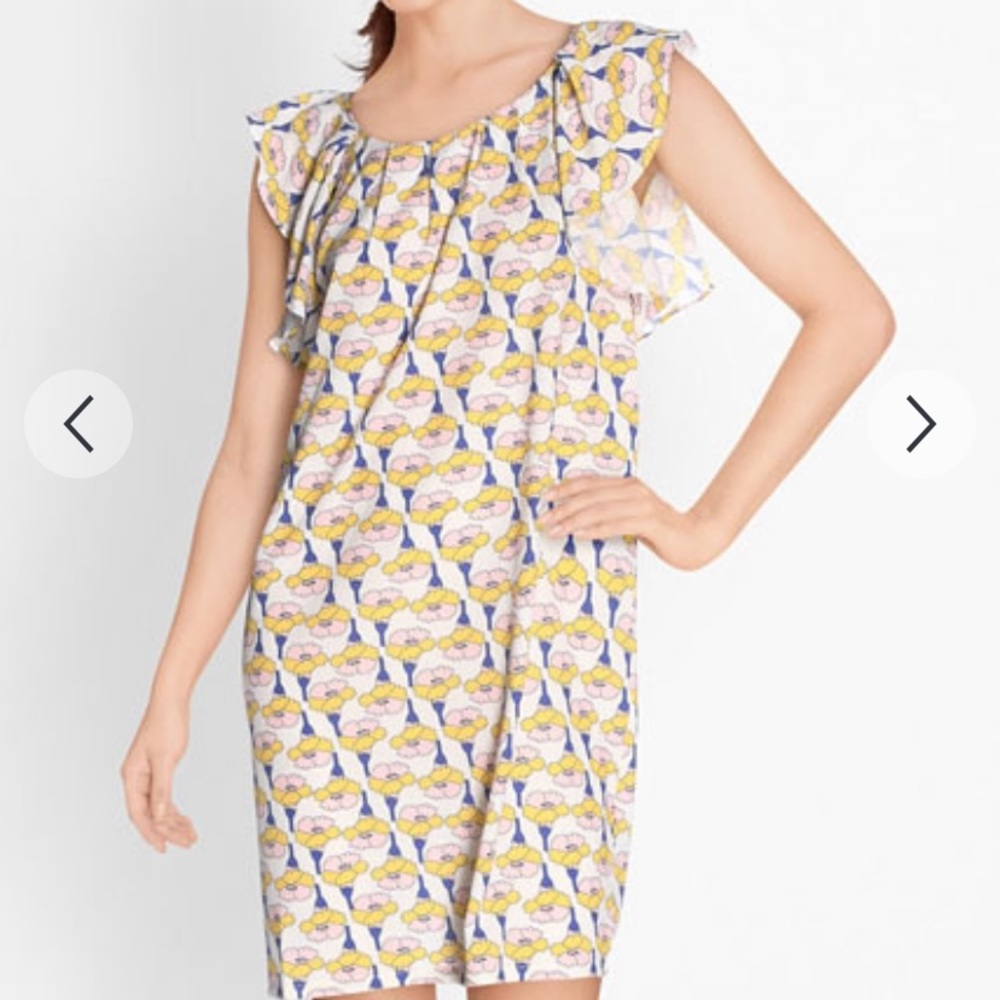 Modcloth Yellow Blue Floral Flutter-Sleeve Shift Dress